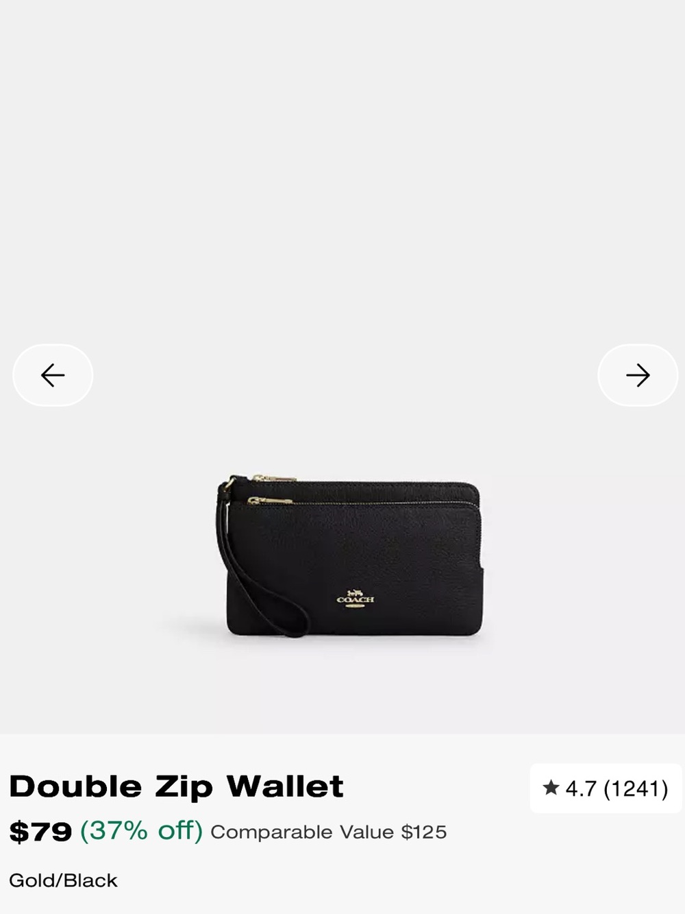 Coach Double Zip Wristlet Wallet - Black with Gold Hardware